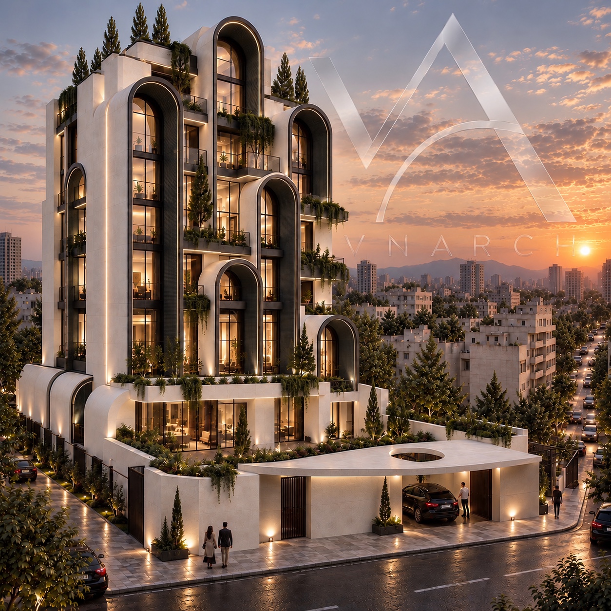 Modern residential building with illuminated arched windows at sunset, VNARCH architectural render